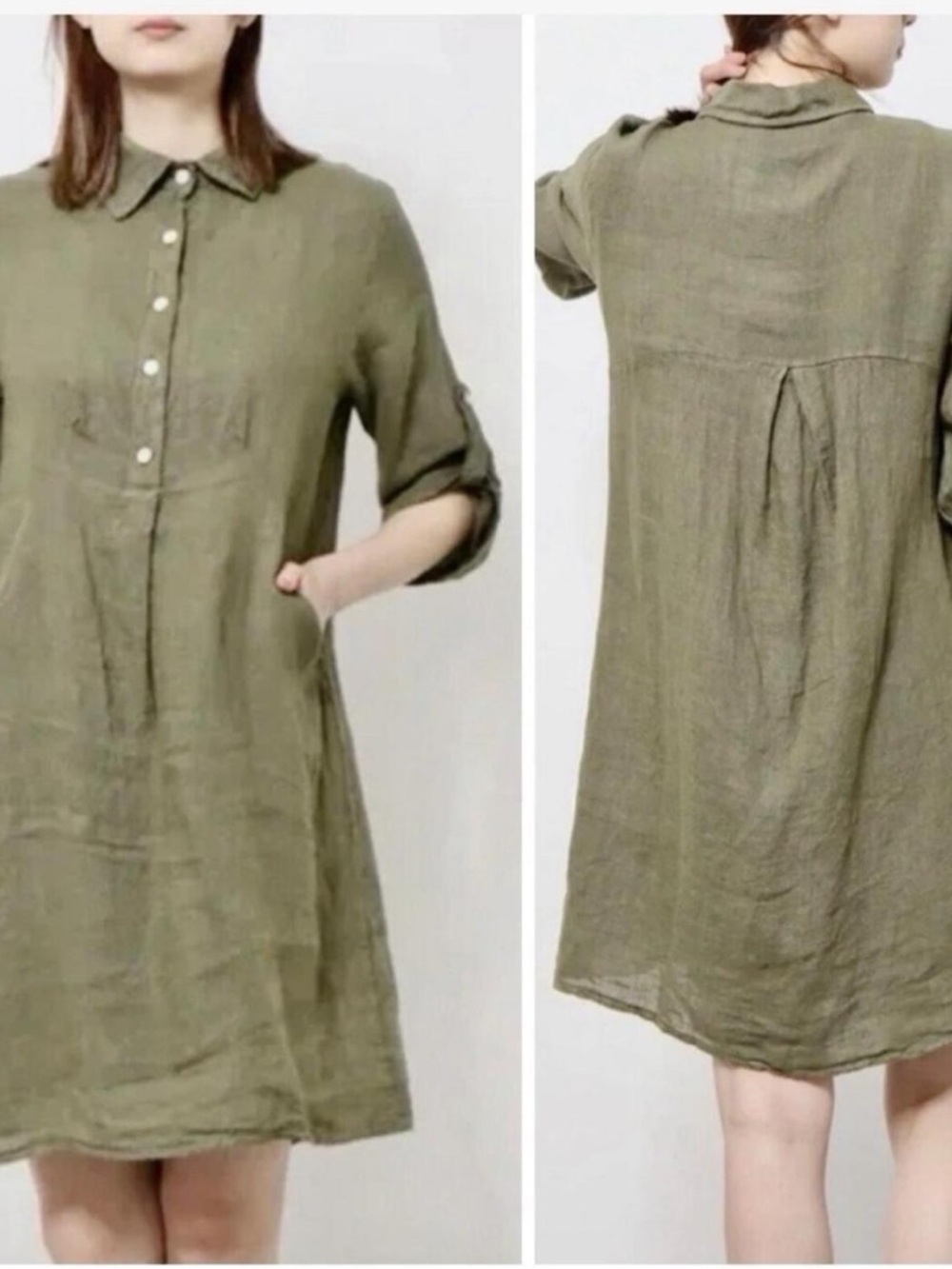 Elena Baldi Linen Dress Tunic Olive Green Roll Tab Sleeve Size Large - Picture 11 of 11